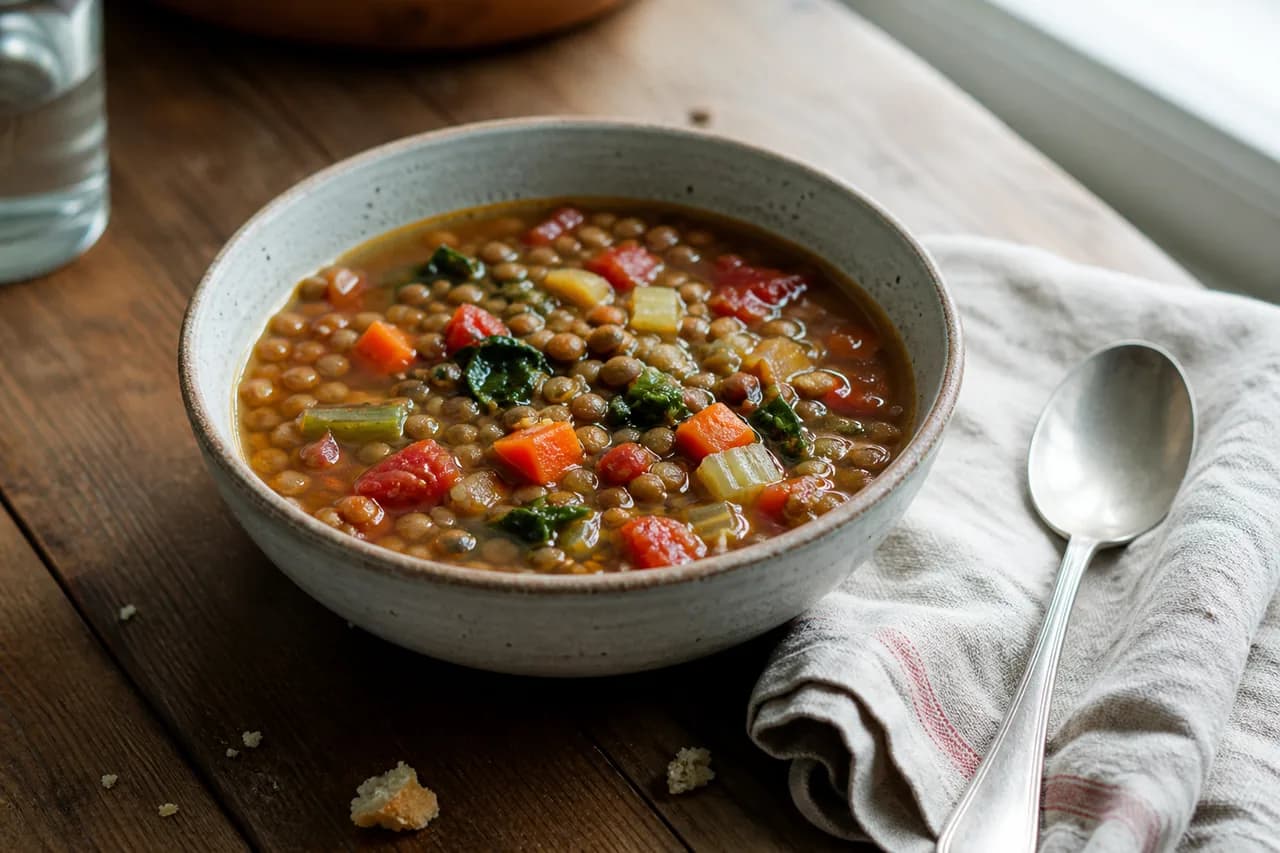 Presentación de Sopa de lentejas y vegetales