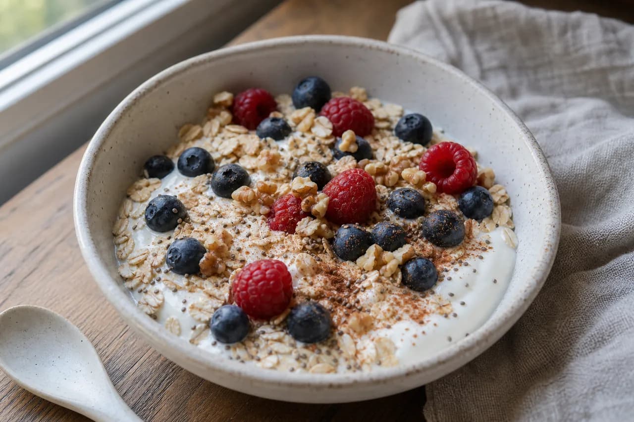 Presentación de Tazón de yogur, avena y frutos rojos