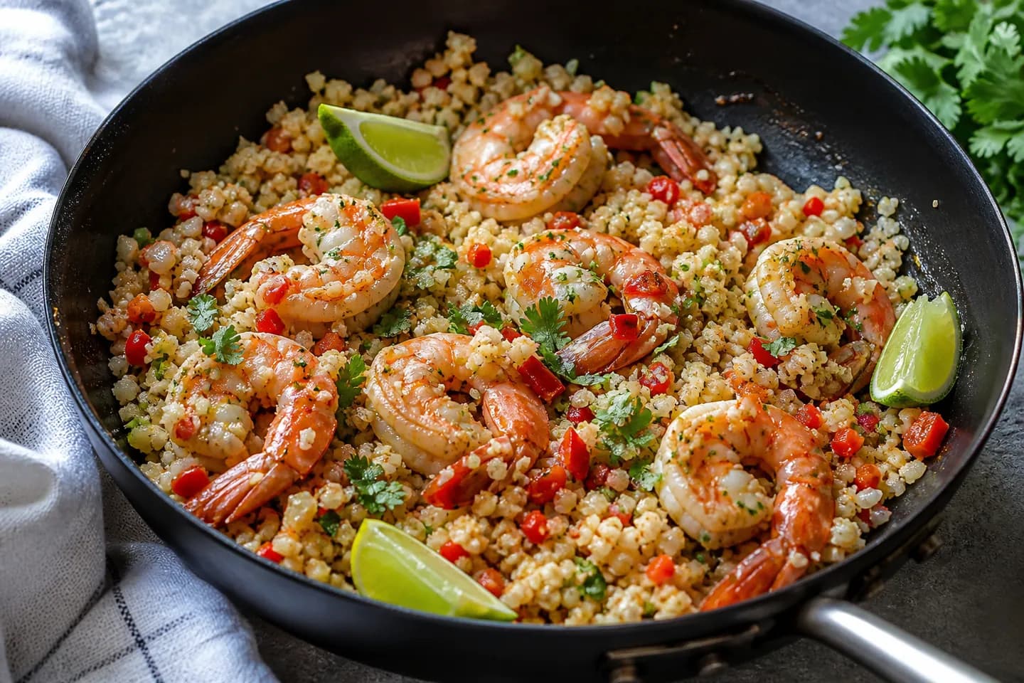 Presentación de Arroz de coliflor keto con camarones al ajillo