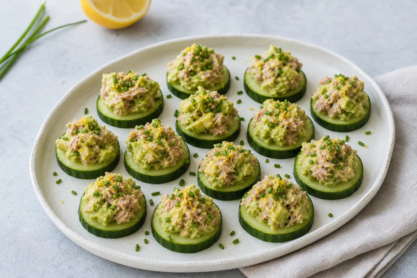 Presentación de Bocados de pepino con atún y aguacate