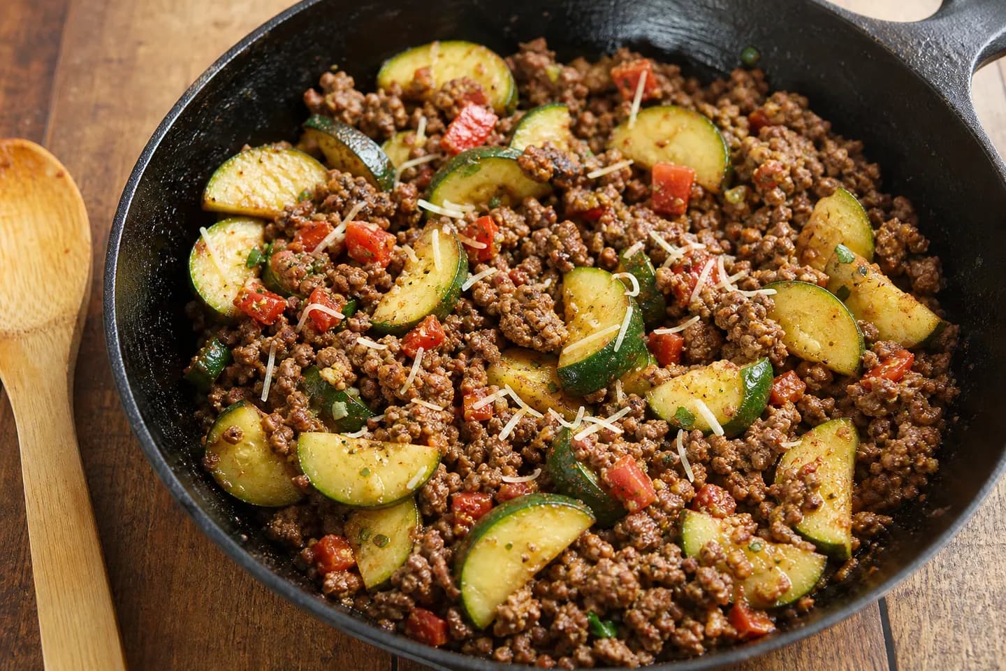 Presentación de Salteado keto de carne molida y calabacín