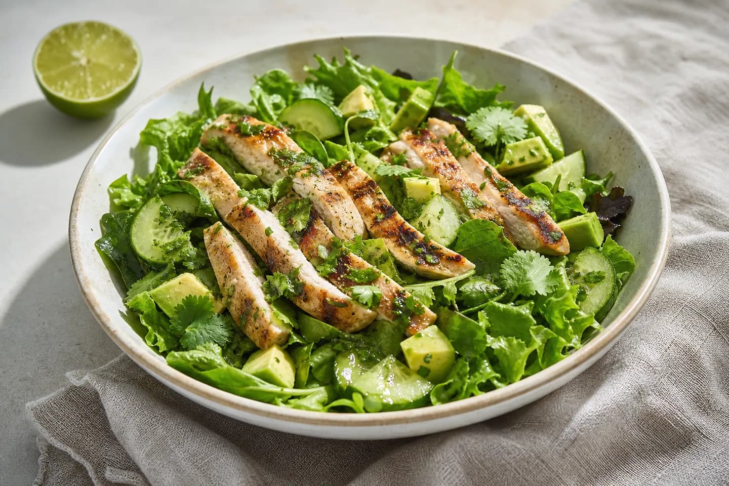 Presentación de Ensalada keto de pollo, aguacate y cilantro