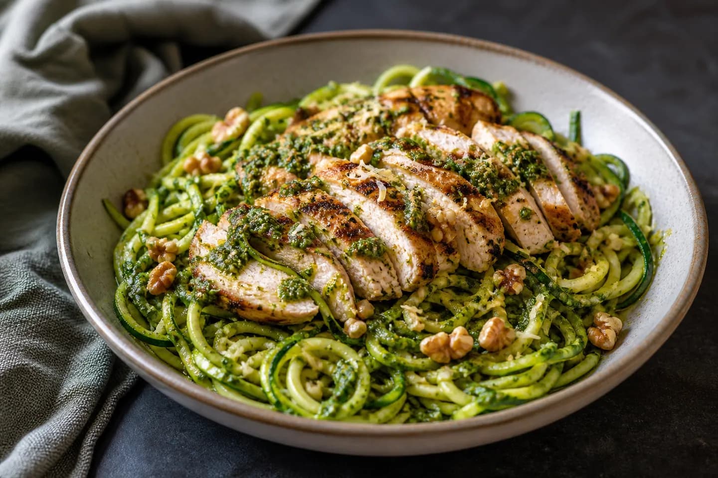 Presentación de Noodles de calabacín con pesto y pollo