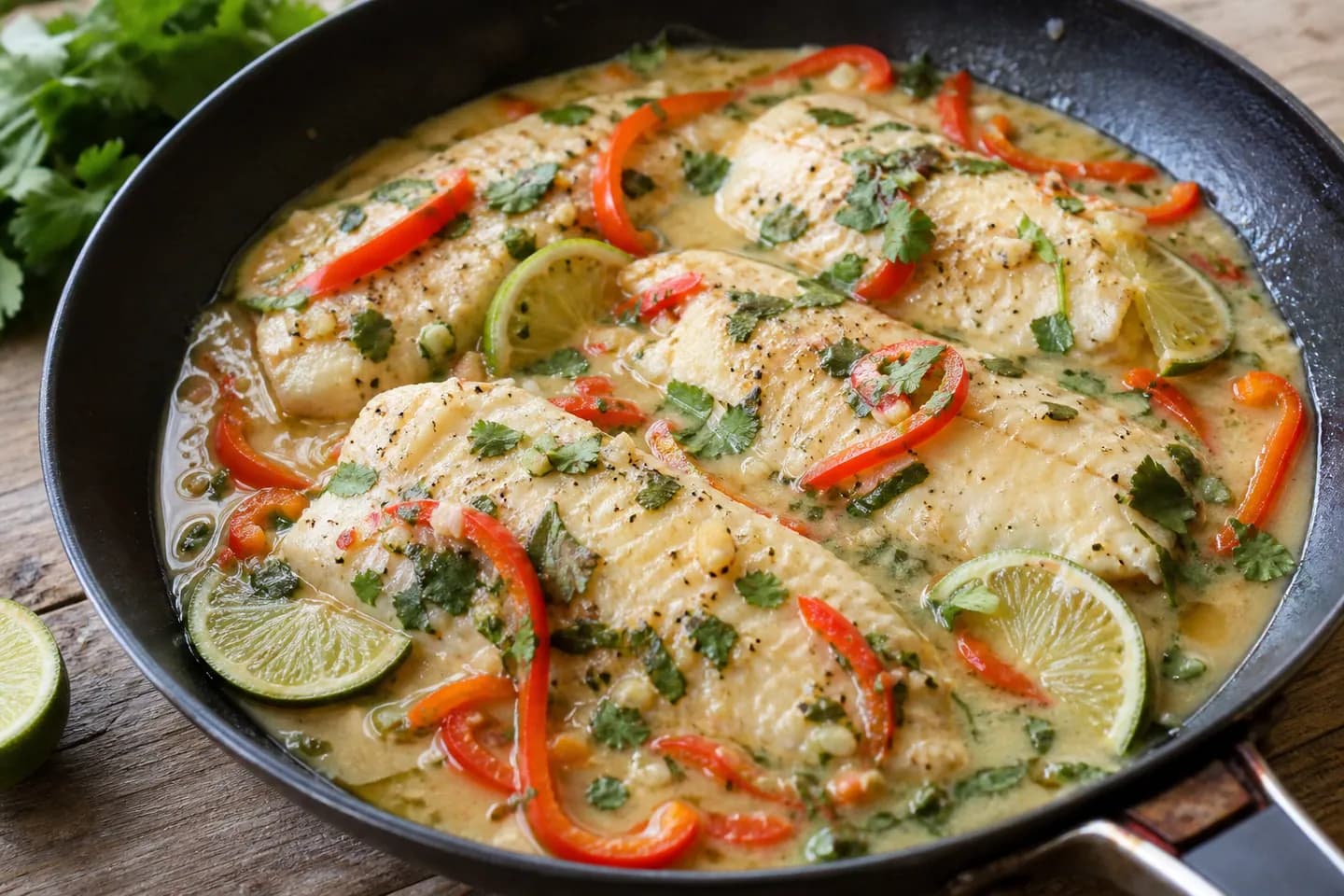 Presentación de Pescado keto en salsa de coco y lima