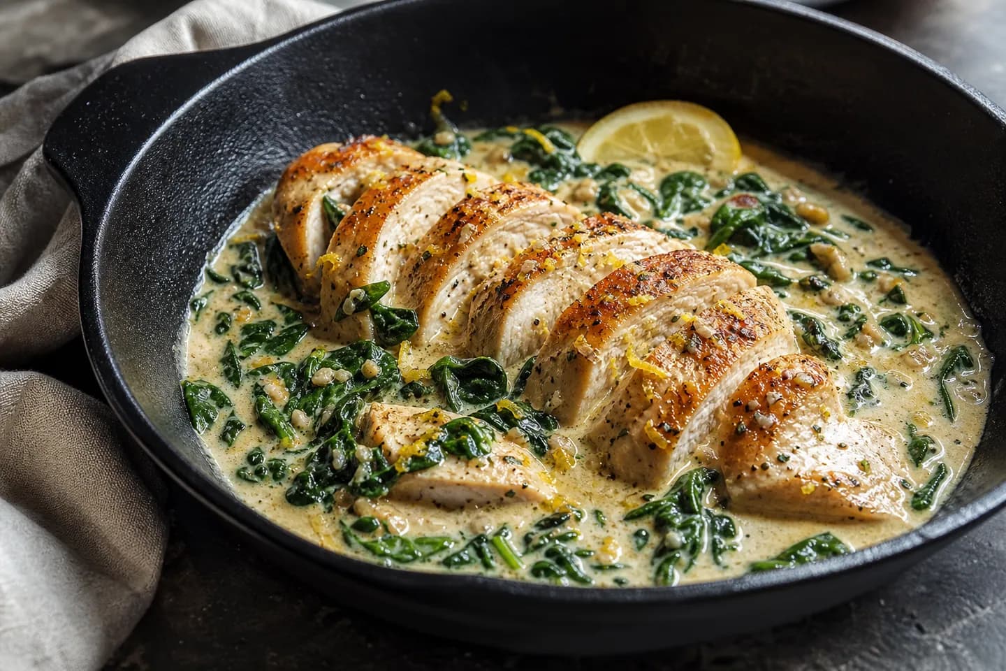 Presentación de Pollo keto cremoso con limón y espinaca