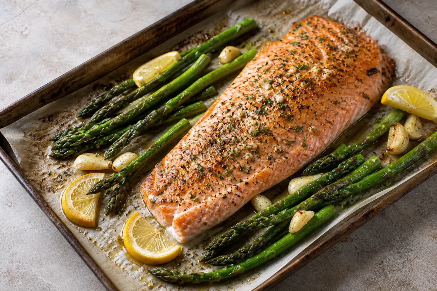 Presentación de Salmón keto al ajo con espárragos al horno