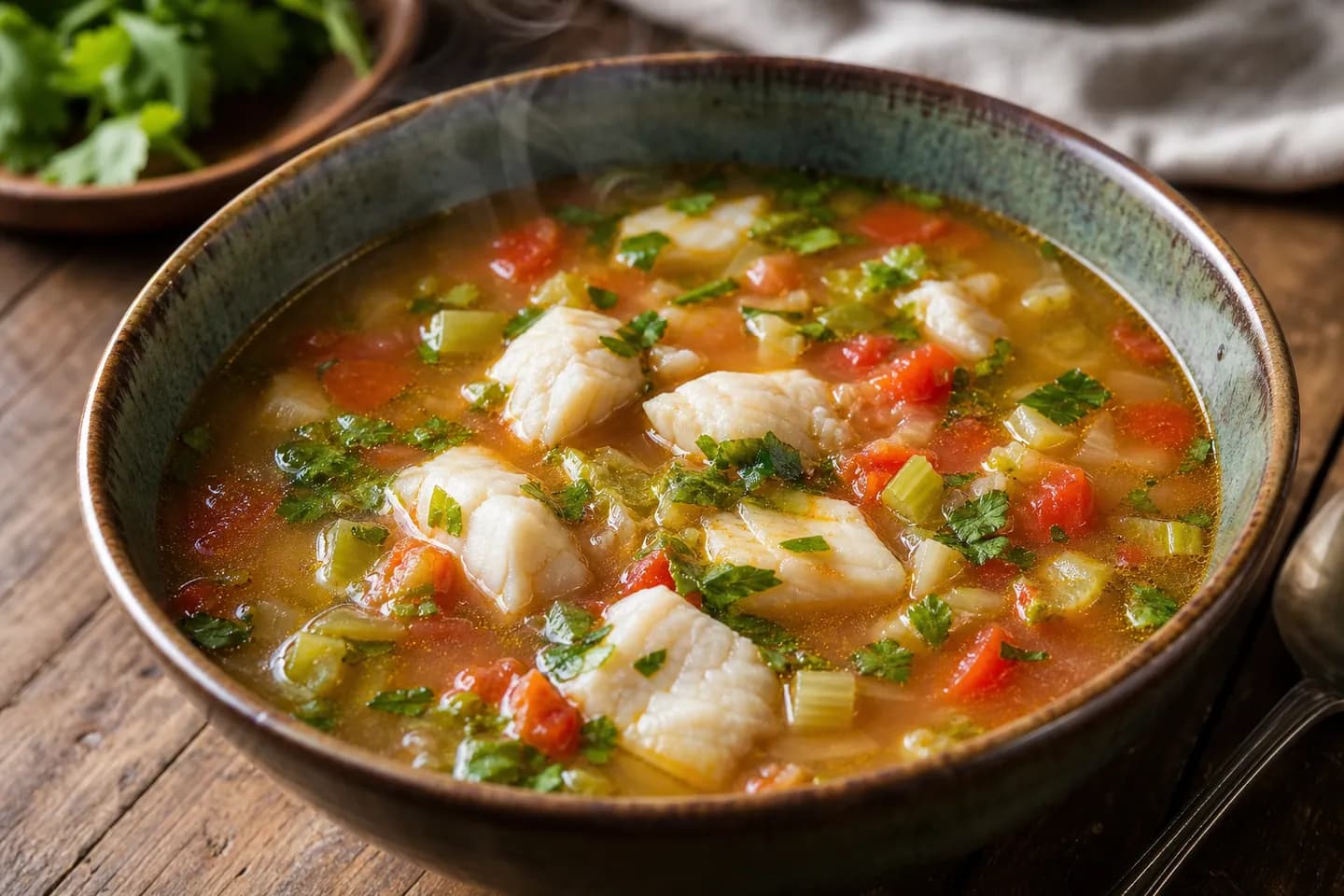 Presentación de Sopa keto de pescado con tomate y cilantro