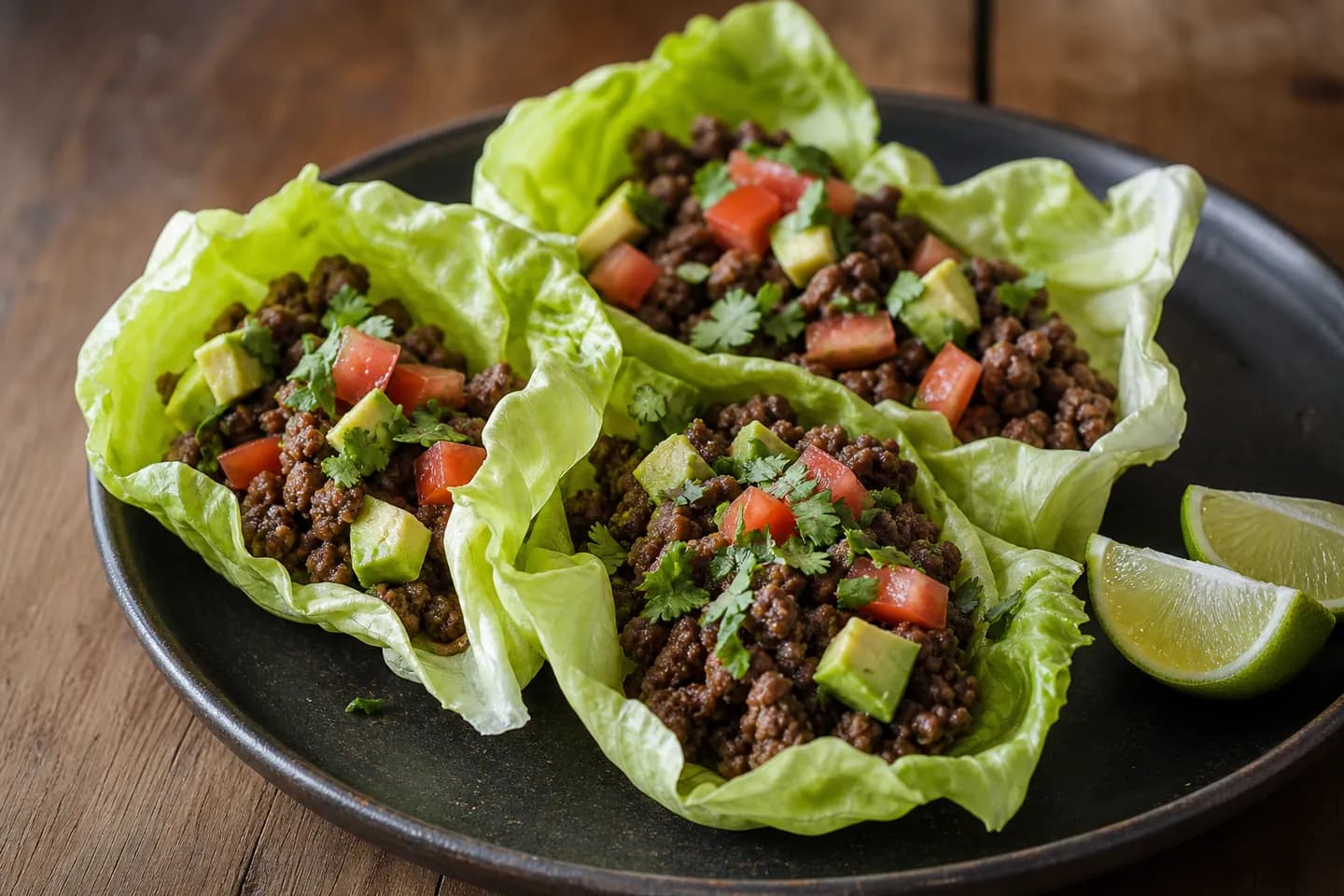 Presentación de Tacos keto de carne en hojas de lechuga