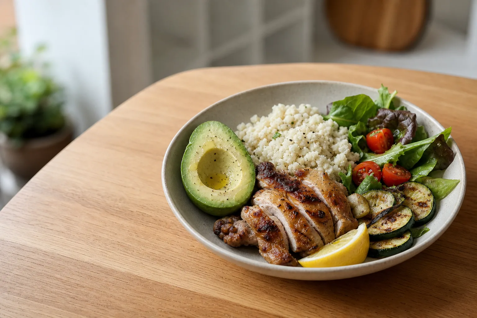 Plato keto casero con pollo, aguacate, coliflor y vegetales